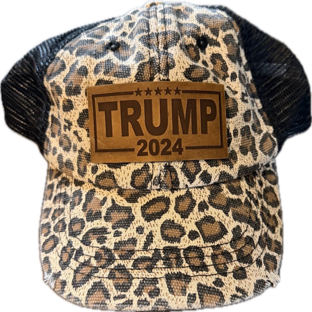 Women’s Leopard Print Distressed Cap with Trump 2024 Patch New